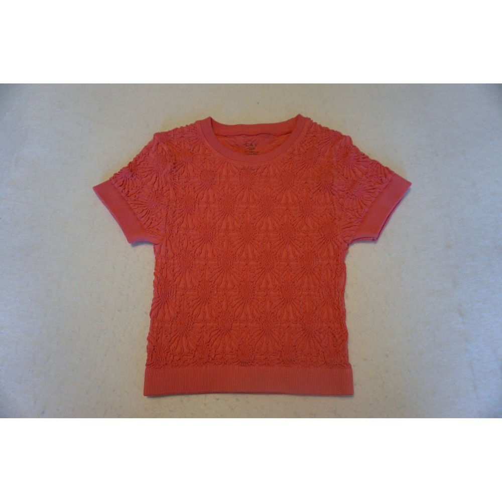 C & V Girls Coral Pink Popcorn Textured Floral Sunburst Short Sleeve Top S/M